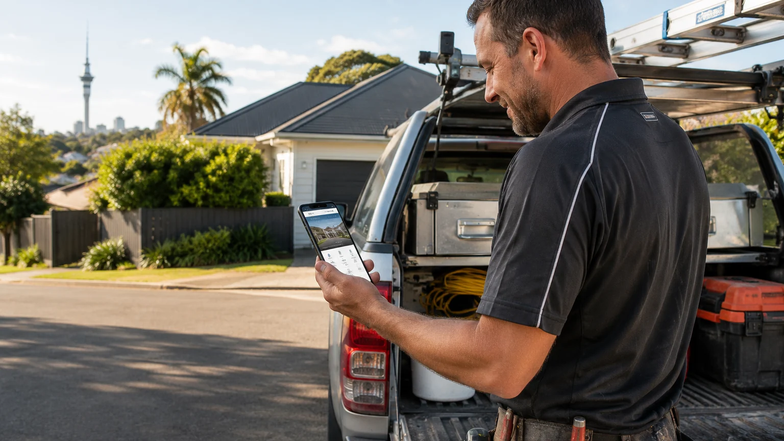 Tradesman beside a work ute checking a website on his smartphone in suburban Auckland.